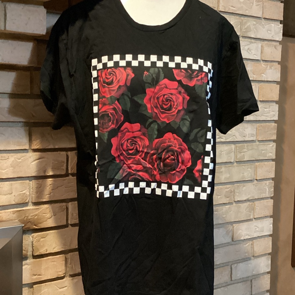 Black T-Shirt with Red Rose black, and white checkered Design